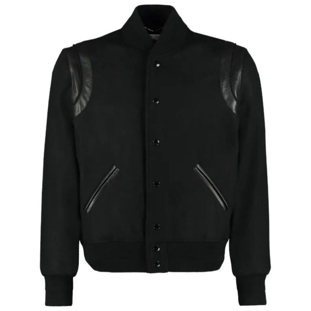 Saint Laurent Wool Bomber Teddy Jacket Black Leather Trim Size 46 (S) YSL